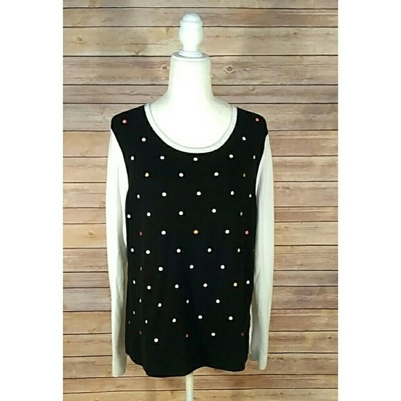 Tommy Hilfiger black white long sleeves scoop neck polka dot sweater women's XL - Picture 2 of 7